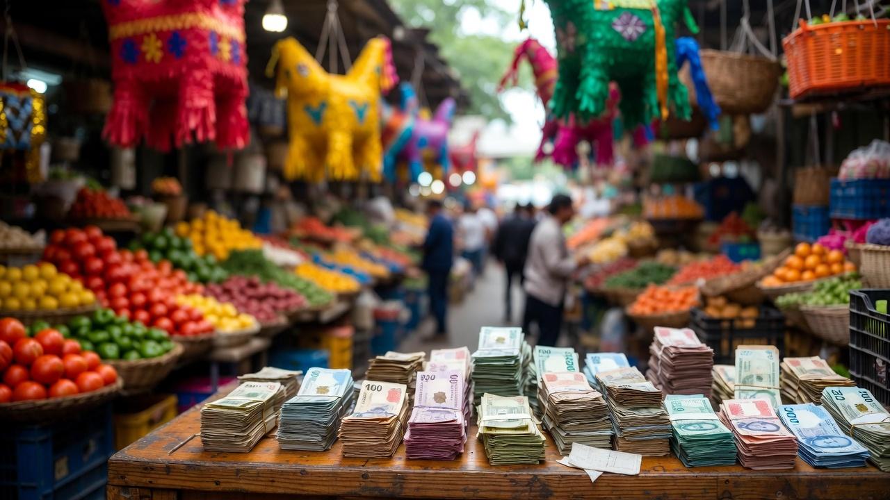 Mexican pesos and market scene