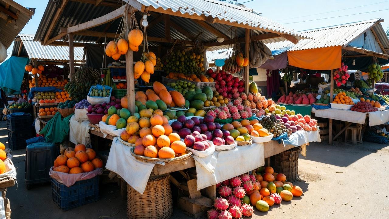 Fresh tropical fruit display at a Guadalajara market stall