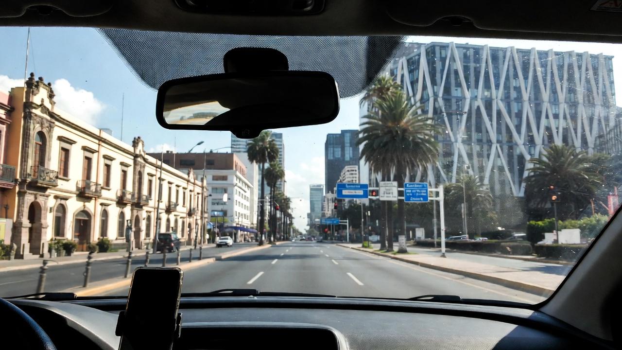 View from inside a car on a Guadalajara boulevard near the airport transfer route