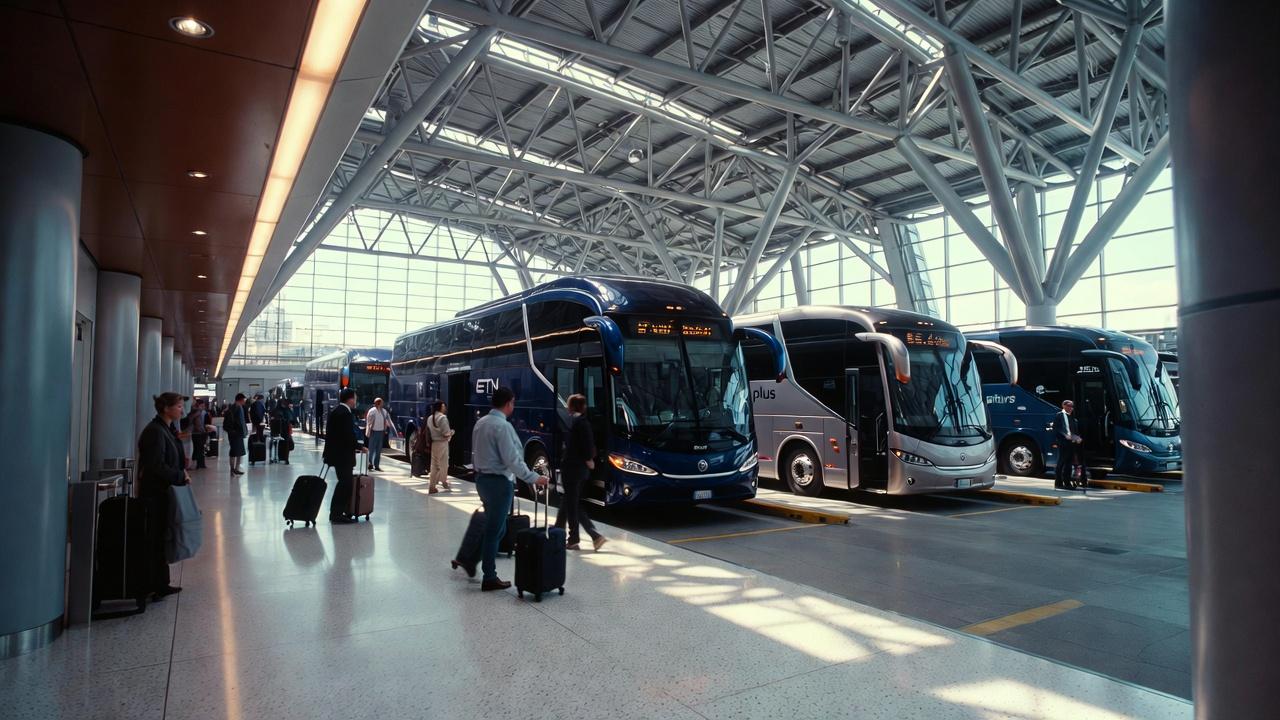 Luxury ETN and Primera Plus coaches at a Mexican bus terminal