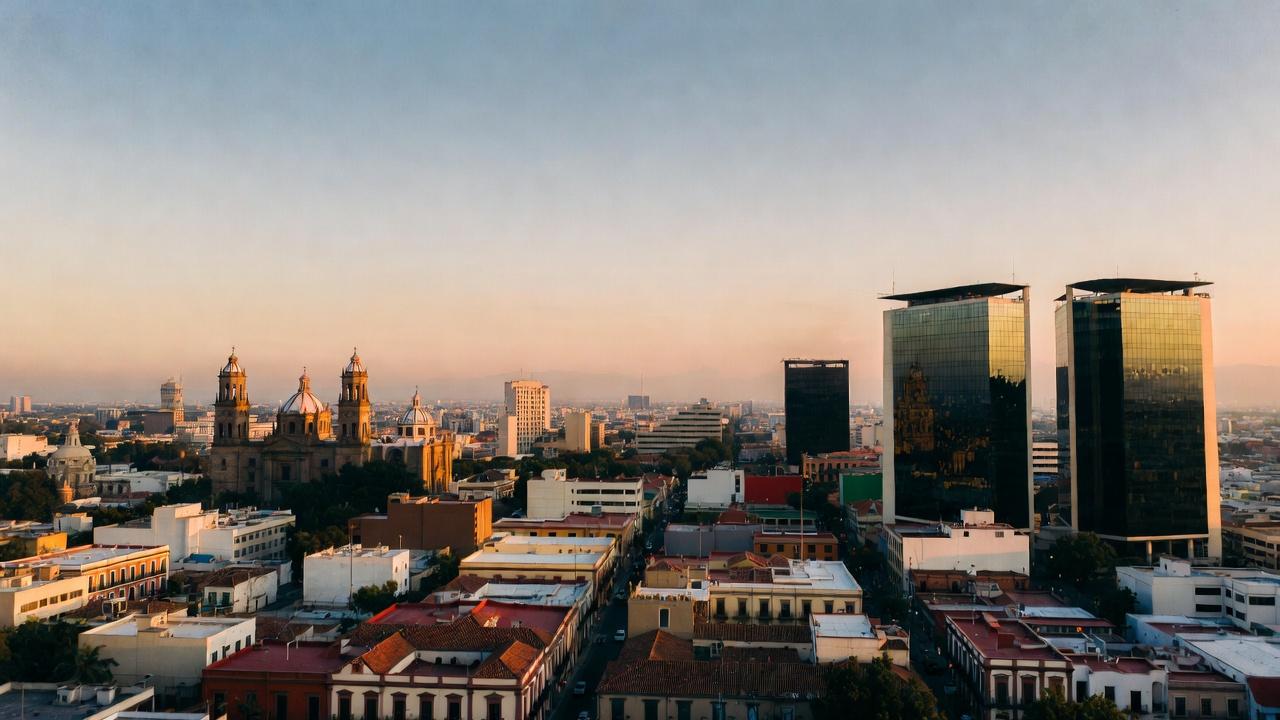 Guadalajara city skyline at golden hour with colonial domes and modern buildings
