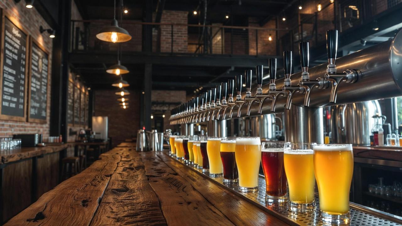 Craft beer taps at a Guadalajara microbrewery taproom