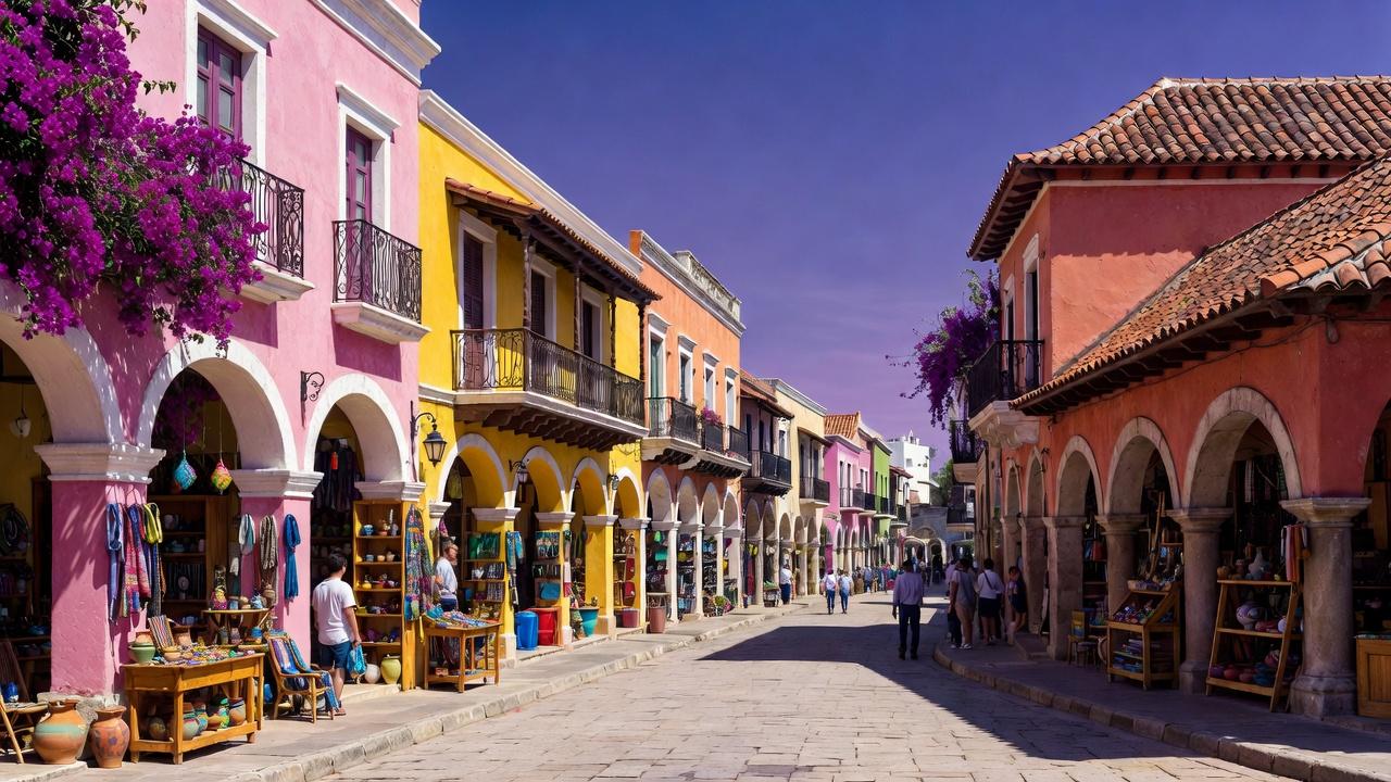 Colorful Tlaquepaque artisan street in Guadalajara with craft galleries