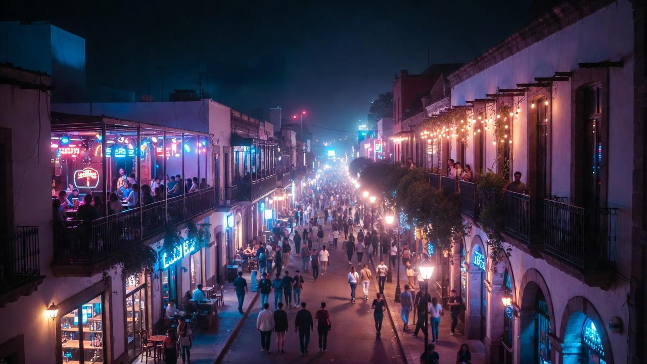 Avenida Chapultepec in Guadalajara lit up at night with bars and restaurants