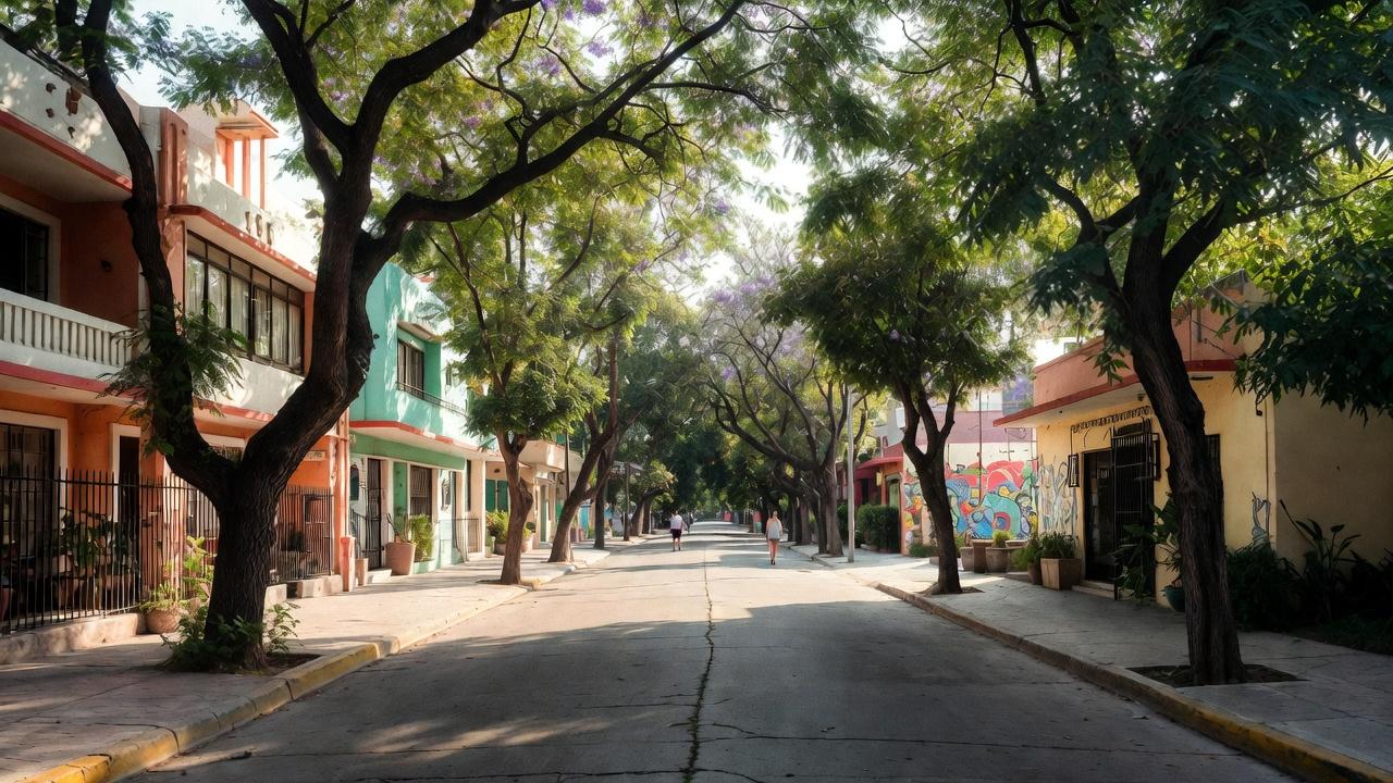 Leafy residential street in Guadalajara contrasting Mexico City's urban sprawl