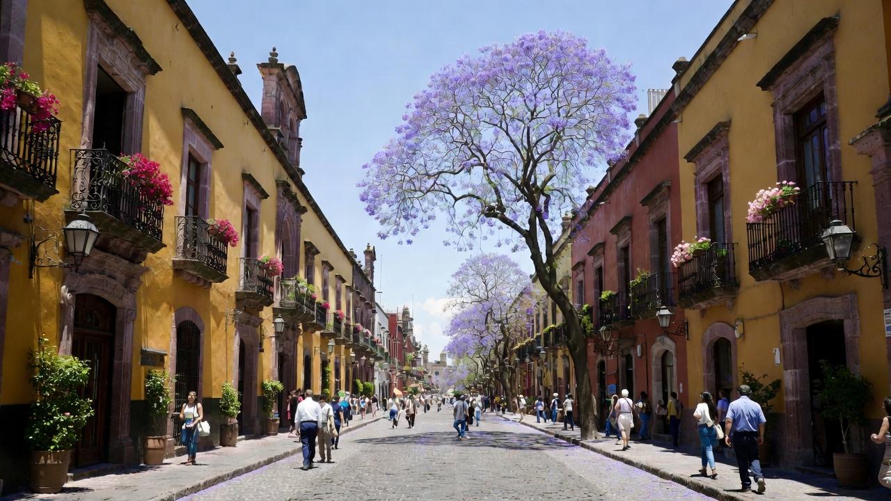 Walkable colonial street in Guadalajara with colorful buildings and jacaranda trees